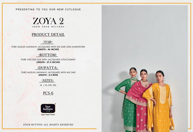 Zoya 2 By Four Buttons Pure Muslin Readymade Suits Catalog